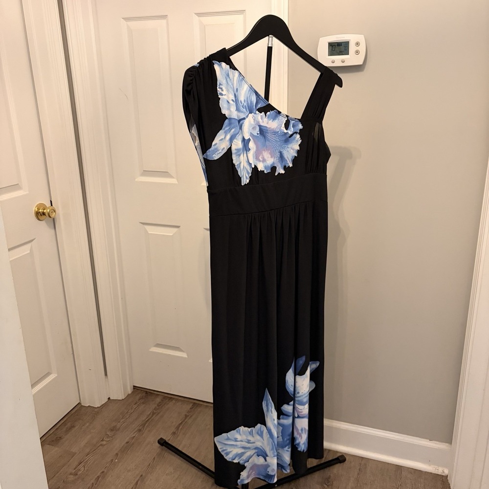 AB Studio One Shoulder Blue Floral Stretchy Knit Large Boho Elegant Cocktail EUC